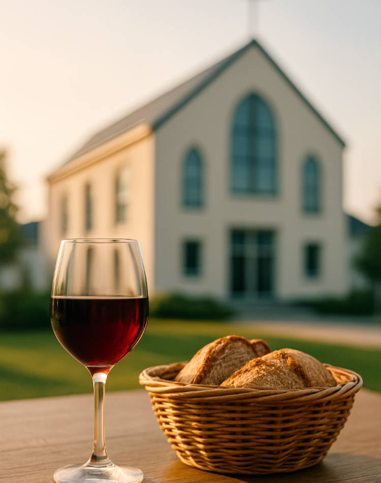Foto einer Kirche mit Wein und Brot im Vordergrund